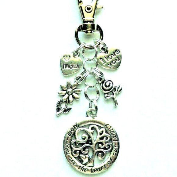 NEW Mom Mother Silver Toned Purse Charm Key Chain Ring Engraved Tree of Life - Picture 1 of 6